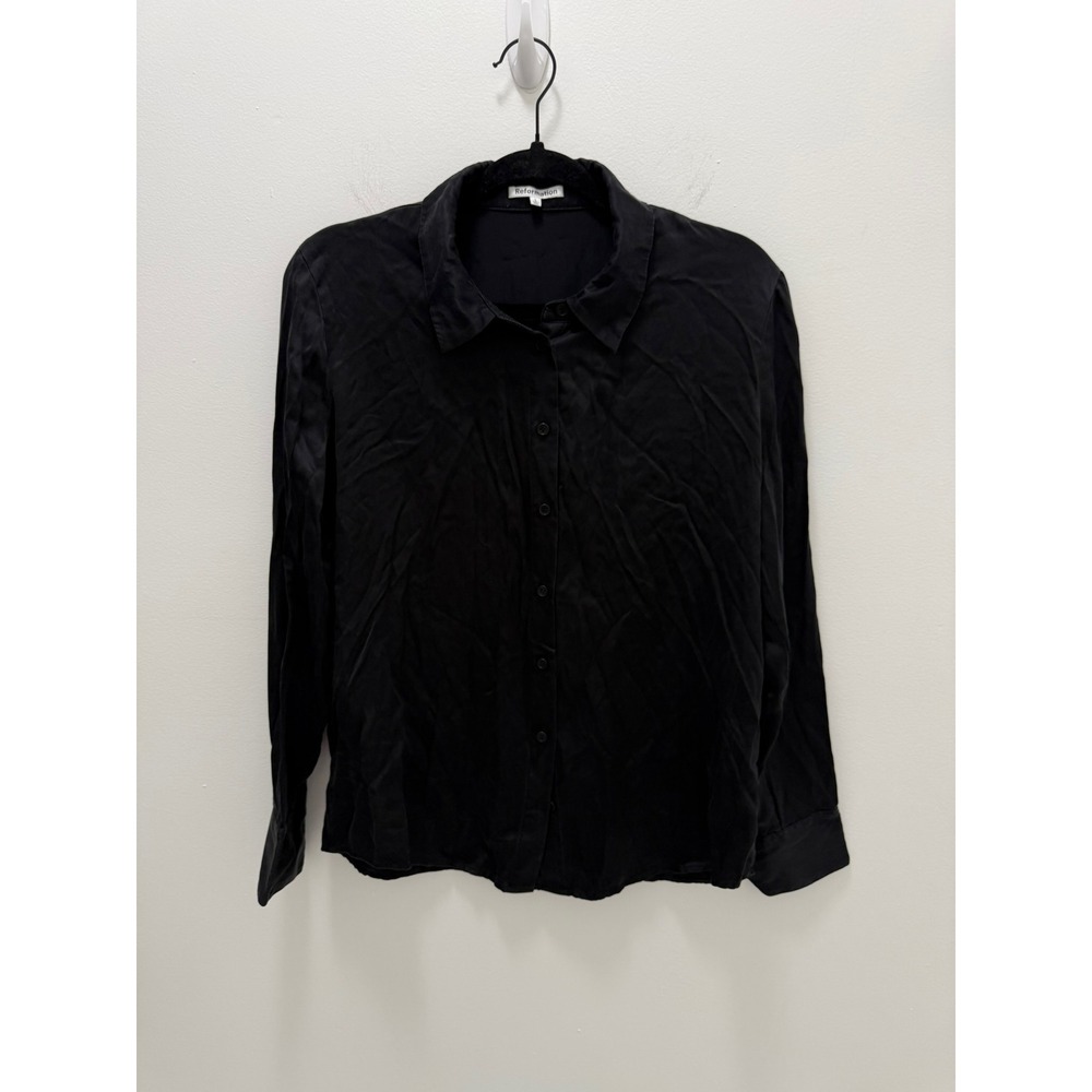 Reformation Black Long Sleeve Button Down Shirt Size Large Minimalist Satin Top
